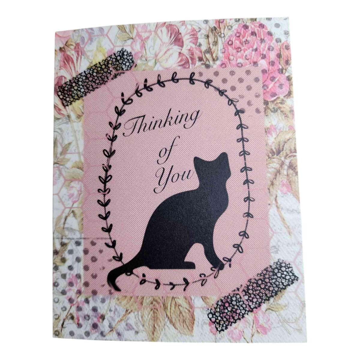 Card featuring a black cat silhouette and the words 'Thinking of You' on a pink center panel, surrounded by a floral and polka-dot patterned background with two black-and-white dotted ribbon-like accents.