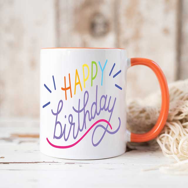 Happy Birthday Mug with orange handle