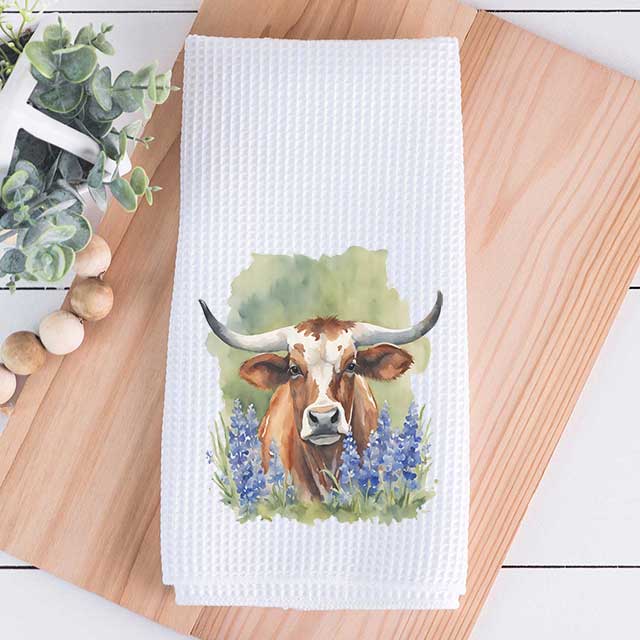 Texas Longhorn Bluebonnet Kitchen Towel